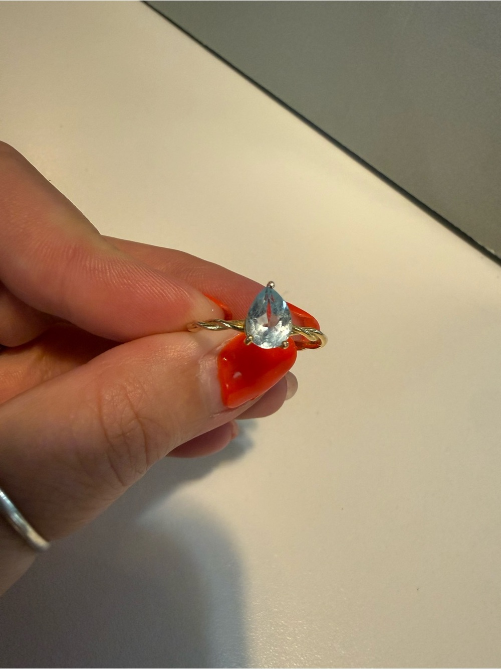Gold Twist Band Ring with Teardrop Aquamarine Gem - Women Jewelry
